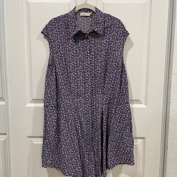 Tory Burch Floral Print Silk Shirt Dress Blue Red White Size 10 Collared - Picture 1 of 9